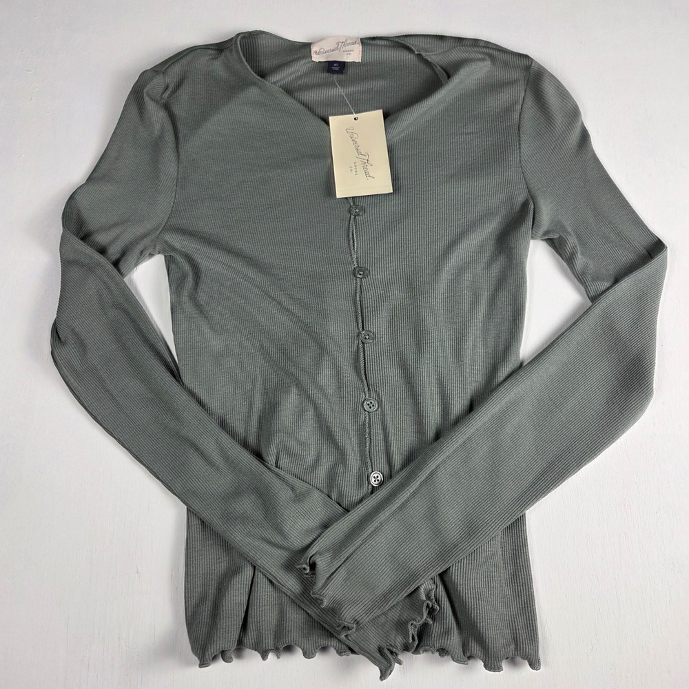 Sage Green Ribbed Button Up Cardigan Lettuce Hem Top XS